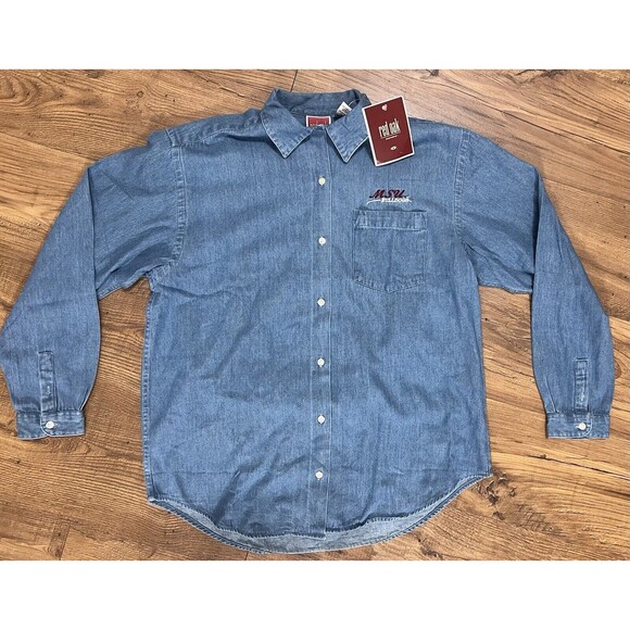 Mississippi State Bulldogs MSU Red Oak Blue Denim Button Shirt Large Long Sleeve - Picture 1 of 12
